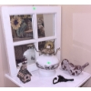 Image 1 : Decorative Home Lot: Metal Bird Figures, Birdhouse, Oil Lamp, Painted Window