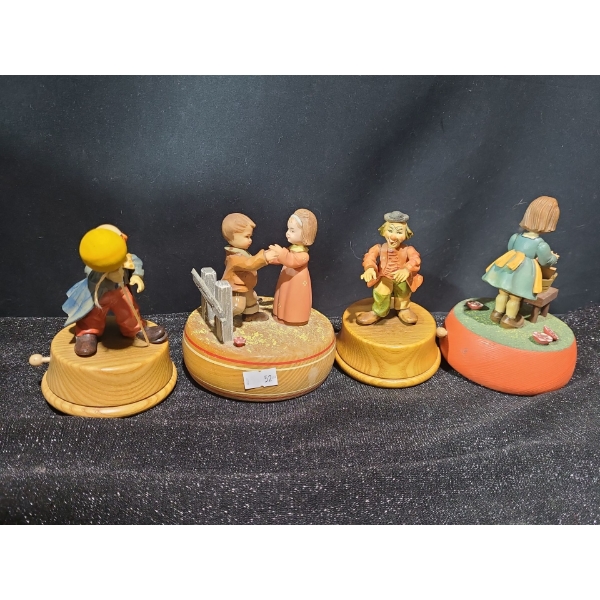 Anri Carved Wooden Music Boxes: Clown w/ Balloon 3.5" Base, 5 T, w/ Fence 4.5" Base, 4.5 T 