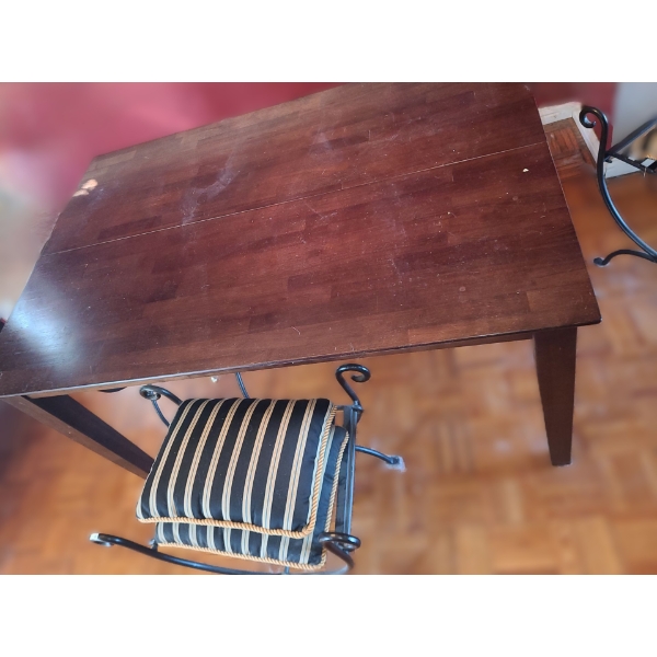 Dining Table 54 W, 36 D, 30 T and Four Metal Benches 23 W, 14 D, 24 T w/ Cushions 
