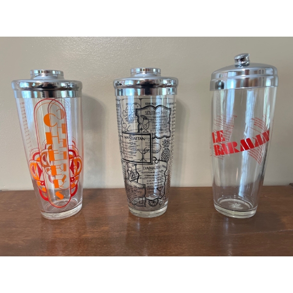 Vintage Retro Irvinware "Cheers" cocktail shaker, along with two other cocktail, shakers likely from