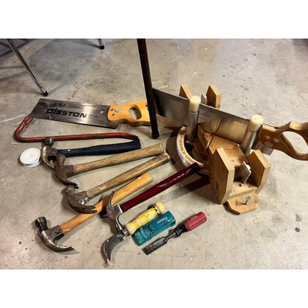 Assortment of hammers, chisel, Disston K-14 mitre box saw set plus extra saw