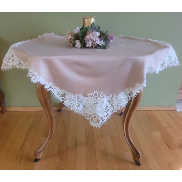 Antique Side Table (Damage on Top) on Wheels w/ Lovely Decorative Candle Piece - 34W, 23D, 24T 