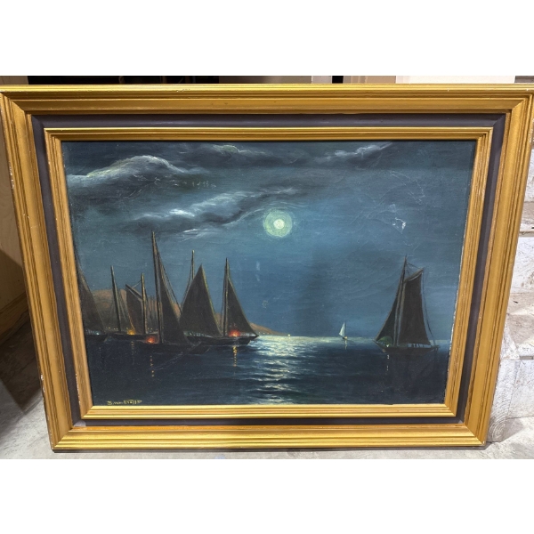 Oil On Canvas Of Fishing Boats Under Full Moon Artist-S.Von-Krafft  33x24"tall