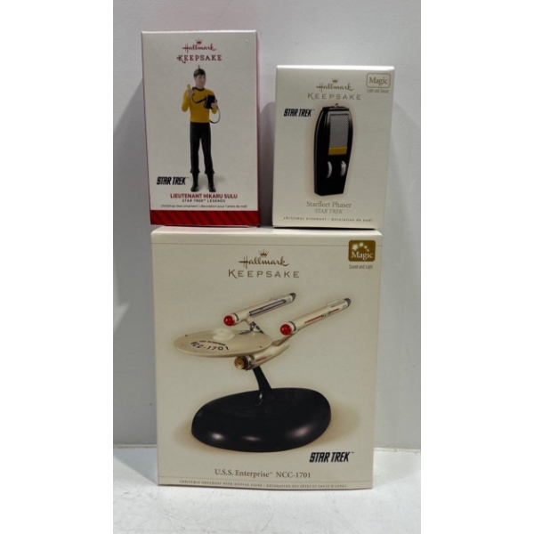 Star Trek- Lt Nikaru Sulu, Star Trek Phaser, USS Enterprise Hallmark Ornaments