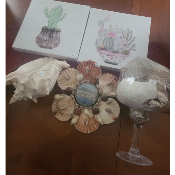 Cactus Pictures 12 X 12 and Shells in Glass Bowl 12 T 