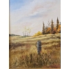 Image 3 :  Landscape Painting Featuring A Rustic Wooden Fence Post With Barbed Wire In A Field During Autumn.