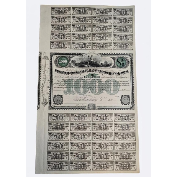 Obligation Historique (Un Titre Financier Ancien) De 1000 Pesos Emise Par El Banco Chileno Garantiza
