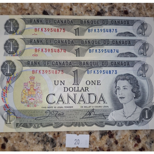 Sequential Canadian One Dollar Bills: BFK3954873/4/5- No Folds/ Good Condition