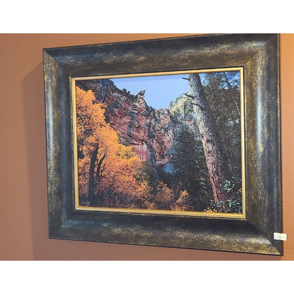 Framed Paint on Canvas of Cliff and Trees by R. Gertz 19 X 16