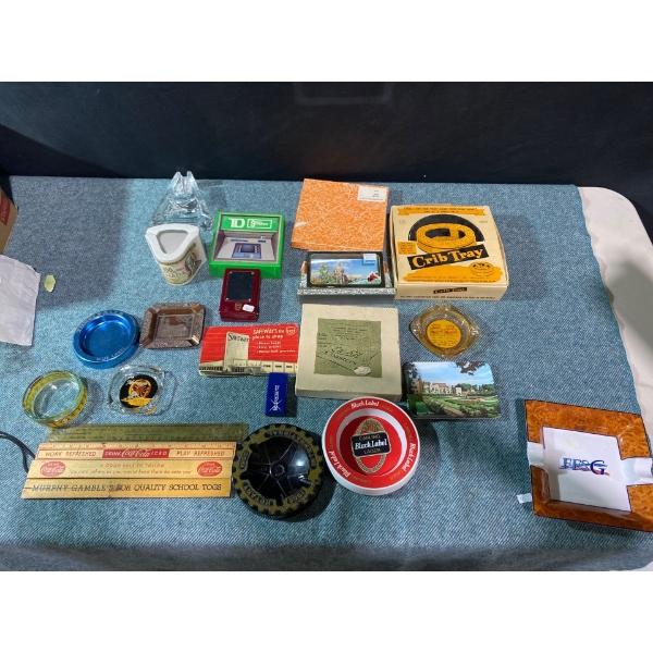 Ashtray Your Way! Crib Tray, Coke Rulers, TD Bank Piggy Bank, Black Label Lager Ashtray