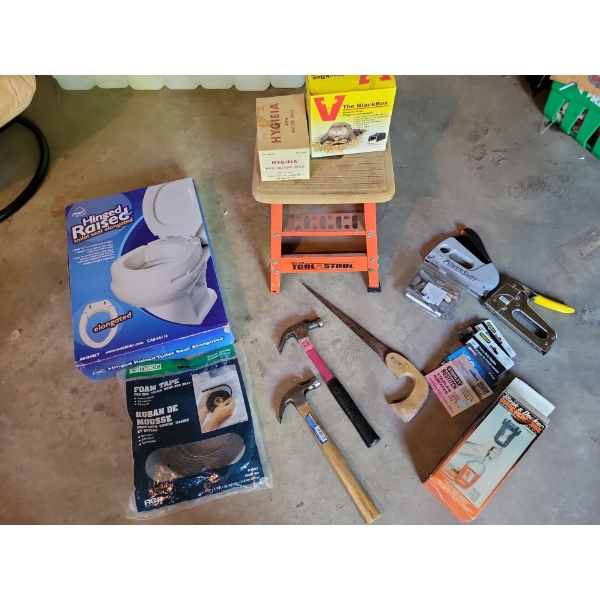 Tool Stool Heavy Duty Construction Staplers w/ Boxes Of Staples Jab Saw Mobility Toilet Seat & More