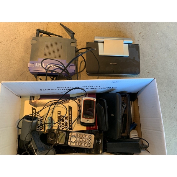 Mixed Box of Electronics - Portable DVD Player Lynksys & More