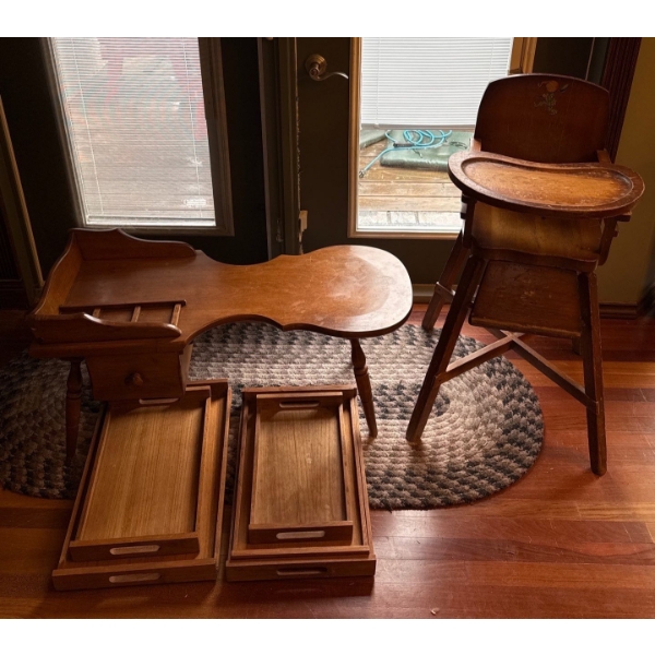Wooden Small Table (28L, 20T) w/ Antique Baby Chair (37T), Wood Trays (One Damaged) 