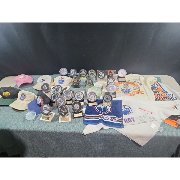 Autographed Hats, Shirt , Bandanna, and Signed Pucks