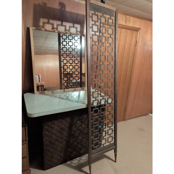 Retro Room Divider with Wooden Frame, Bar, and Mirror