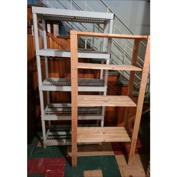 Utility Shelving  Includes: Heavy- Duty Plastic 4 Shelf 73 T, 35 L, 18 W and Wooden 3 Shelf 
