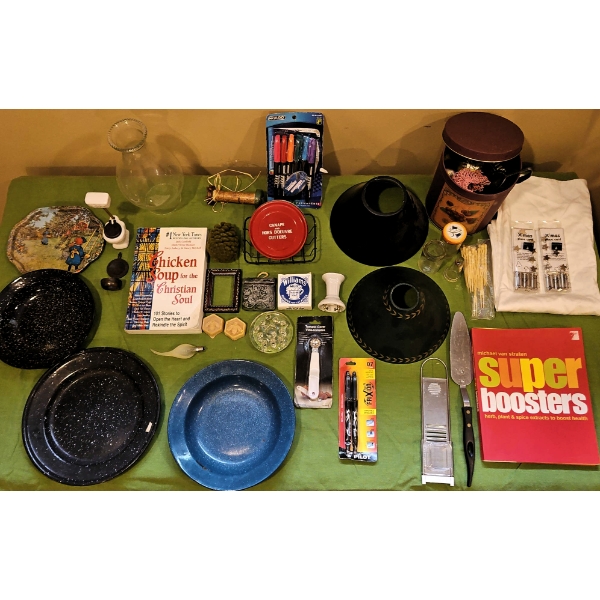 Vintage Odds and Ends Lot with Plates, Books, Kitchen Tools, and Décor