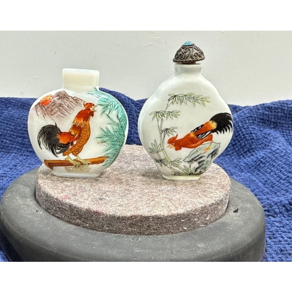 Hand Painted Rooster Snuff Bottles  2.5H & 3H (one missing lid)