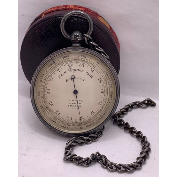 J. Hicks Maker London 6136 Antique Pocket Barometer in Leather Case - Weighs 89.5g