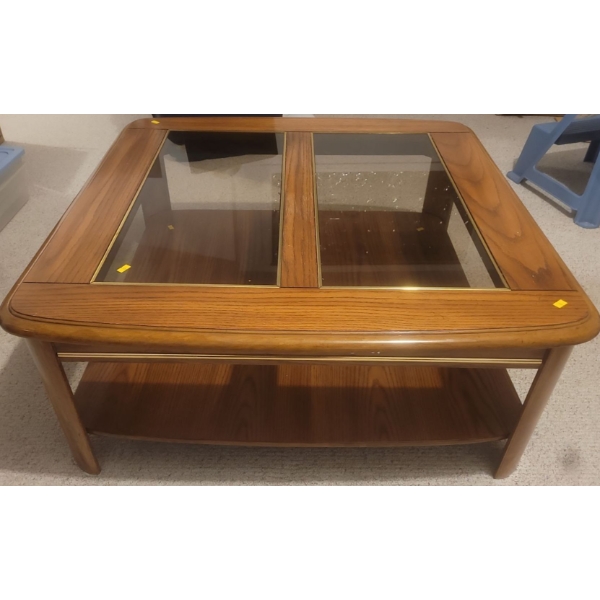 Wood, Glass & A Touch of Brass Vintage Square Coffee Table W/ Bottom Shelf