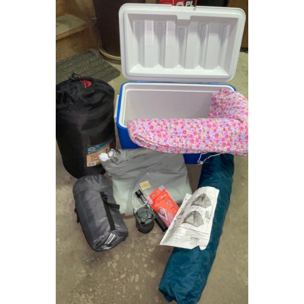 Camping Bundle #4   Coleman Cooler,  Two Sleeping Bags, Tent, Air Bed, Flashlight, Blanket