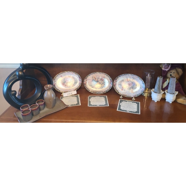 Trio of  Bradford Exchange Floral Plates from Lina Liu.  Candle Holders, Resin Statue 13 h