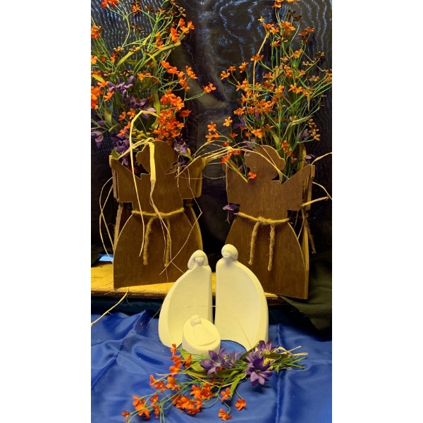 Stone Nativity Scene w/ Friar Folk Faux Flowers Decorations