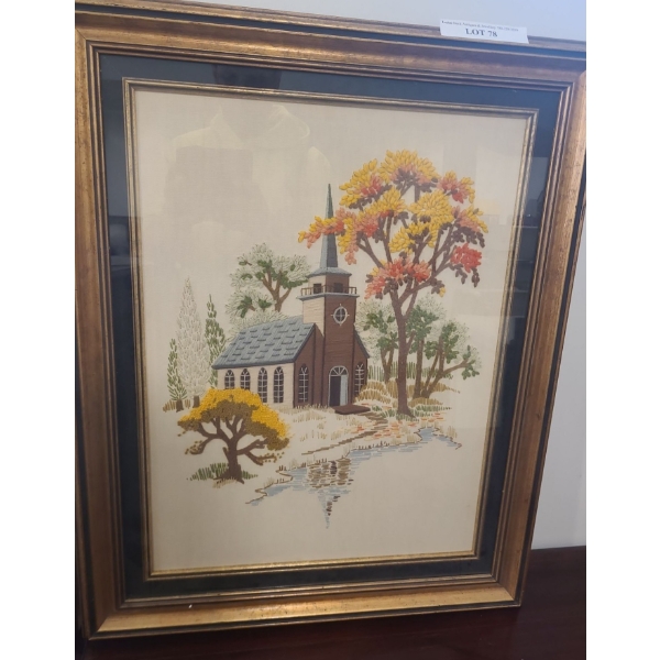 Framed Under Glass Needlepoint Church Picture 24 w 30 h