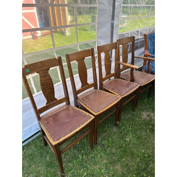 4 Oak Antique Chairs With Blue Leather seating Surface W18" H37"  