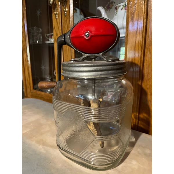  glass square bodied butter, churn, 12 inches high