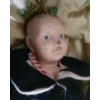 Image 3 : Antique Wood & Porcelain Blue Eyed Boy Knuckle-Joint Doll in Covered Black Baby Carriage 