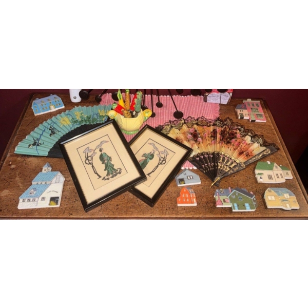 Framed Silk Embroidery Asian Folding Fans Wooden Buildings Decorative Table Accents