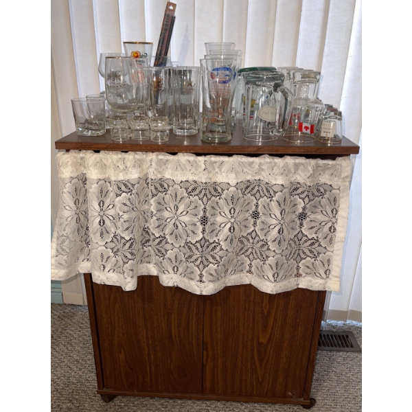 Bar Cart On Wheels w/two cupboards Stacked with Vintage Mugs & Collector Cups  33"w x 22"d x 40"tall