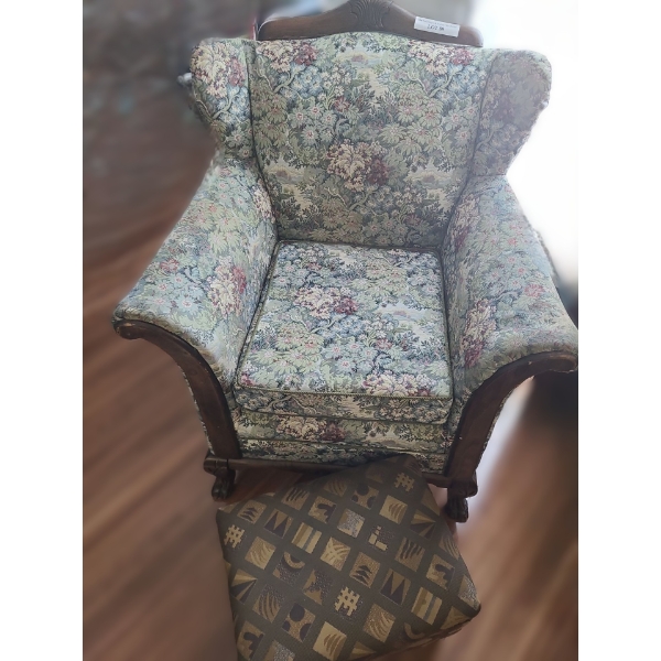Vintage Floral Tapestry Chair w Wood Accents 32 w 25 d 37 h,  Abstract Foot Stool 17 w 13 d 11 h