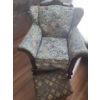 Image 1 : Vintage Floral Tapestry Chair w Wood Accents 32 w 25 d 37 h,  Abstract Foot Stool 17 w 13 d 11 h