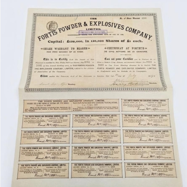  Vintage Stock Certificate For The Fortis Powder & Explosives Company, Limited, dated July 1890 