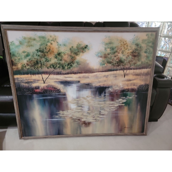 River + Landscape Oil on Board Framed Picture  70"x 62"tall