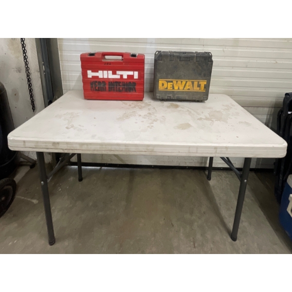 Foldable 4-Foot Table w/ Dewalt 12V Drill & Battery + Empty Hilti Carrying Case