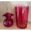 Image 1 : Vintage Cranberry Glass Basket w/twisted Handle & Cranberry Glass Vase 10"tall