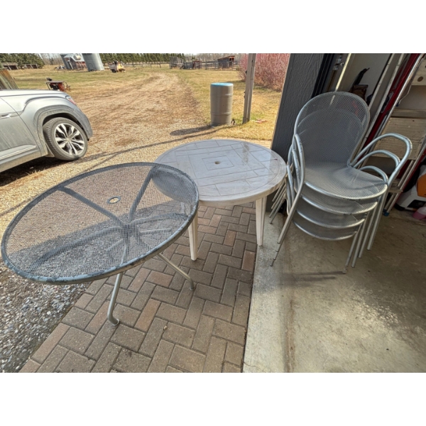 Metal round patio table & 4 chairs with one plastic table