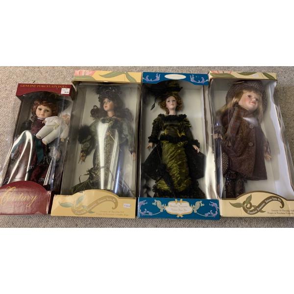 Set of 4 New in Box Porcelain Dolls - Timeless Treasures, Century Collection (Largest Box is 21L) 