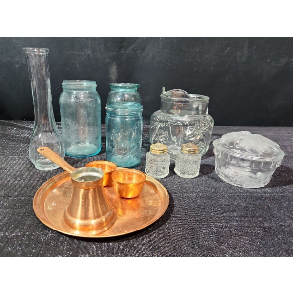 Blue Tinted Mason Jars, Small Ice Tea Pitcher, Copper Decor and Others