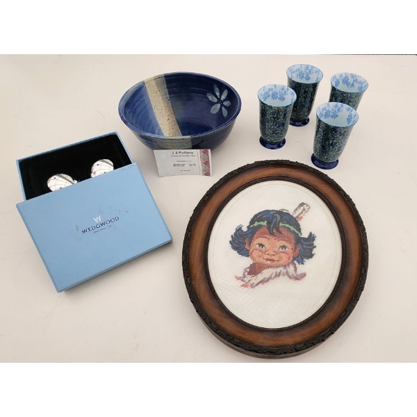Stylish Home Decor! Vintage Cross Stitch Art, Wedgewood Mirror S&P Shakers, Pottery Bowl, Tea Cups