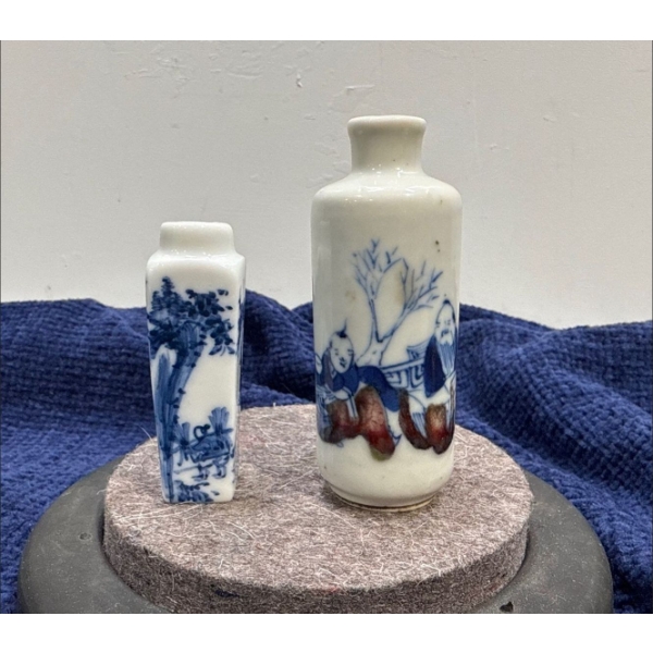 Blue and White Handpainted Snuff Bottles  2.5H, 3H (lids missing)