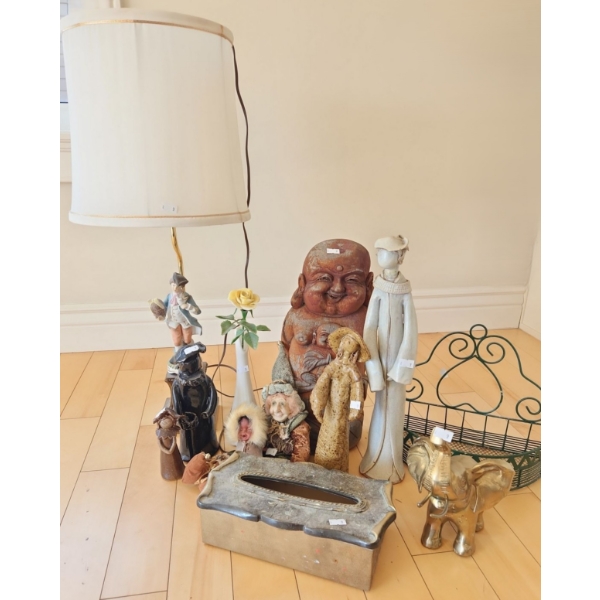Lamp 27.5 to Top of Finial, Wooden Buddha Figure 15 T, Brass Elephant 9 T and Other Decor 