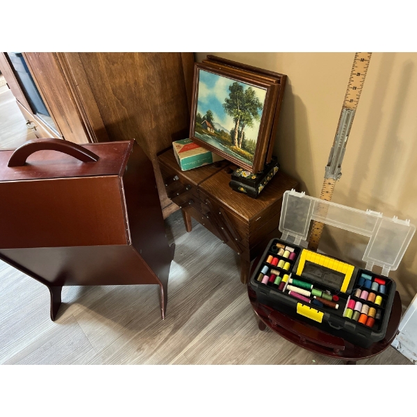 Vintage sewing storage system magazine rack 4 four paintings, a small decorative shelf and a tool ki