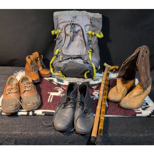Curated Set of Boots, Shoes, Wool Poncho, Walking Sticks, and Backpack