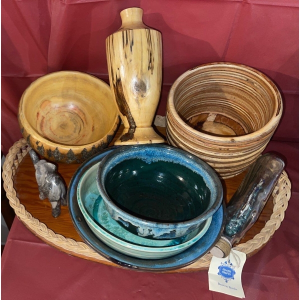 Creative Carved Wood Concepts 9T w/ Pottery Collection Stone Elephant & Boat In A Bottle