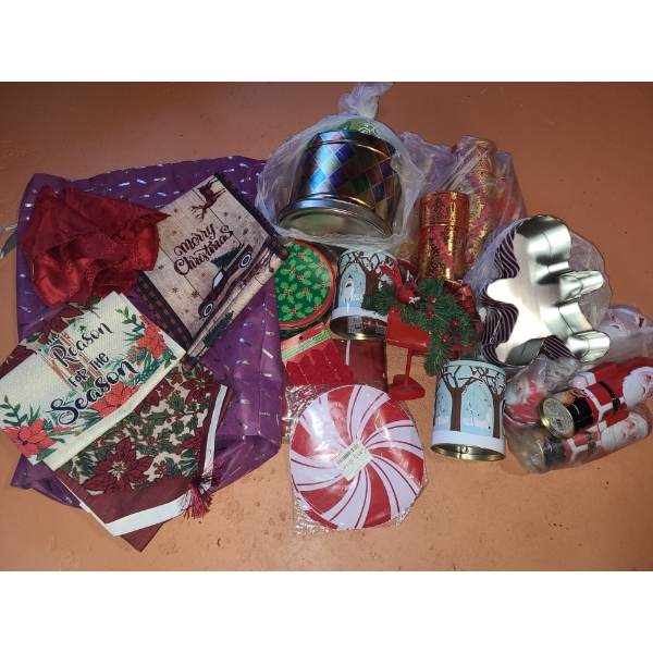 Holiday Themed Tins (Great for Baking) and Assortment of Runners, Napkins, Nutcracker and More!