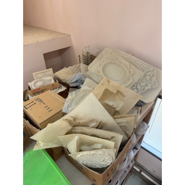  plaster moulds and miscellaneous items all on shelf included bigger Tupperware containers and decor